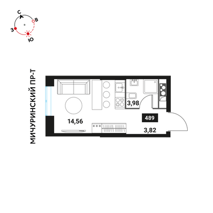 22,4 м², 1-комн. квартира, 15/28 этаж