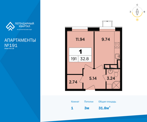 31,8 м², 1-комн. квартира, 9/18 этаж