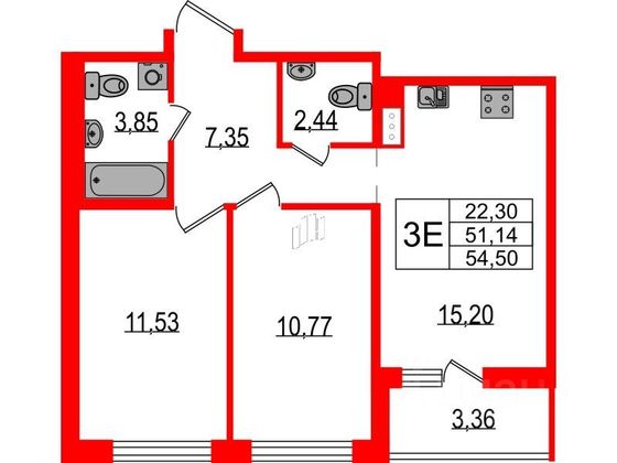 Продажа 2-комнатной квартиры 54,5 м², 5/15 этаж
