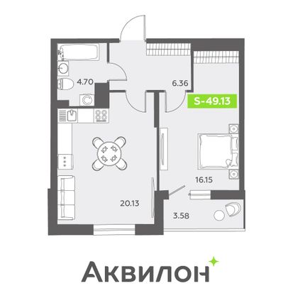 49,1 м², 1-комн. квартира, 2/13 этаж