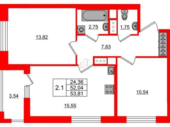 Продажа 2-комнатной квартиры 52 м², 3/20 этаж