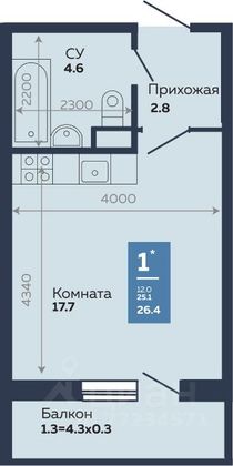 Продажа квартиры-студии 26 м², 1/18 этаж