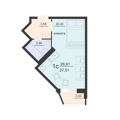 Продажа 1-комнатной квартиры 27,5 м², 9/20 этаж