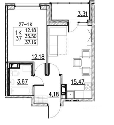 Продажа 1-комнатной квартиры 37,2 м², 8/12 этаж