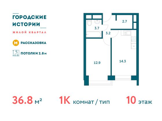 Продажа 1-комнатной квартиры 36,8 м², 10/19 этаж