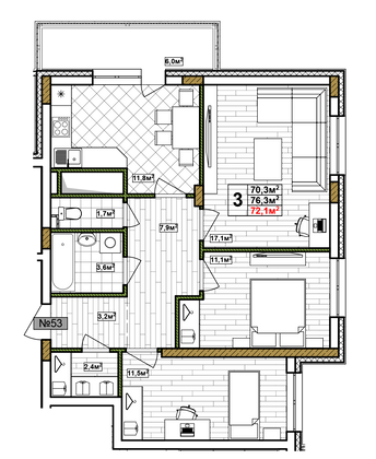 Продажа 3-комнатной квартиры 72,1 м², 9/17 этаж