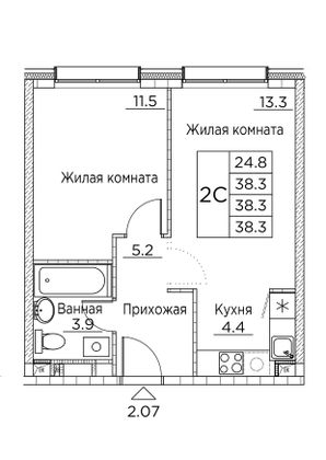 38,3 м², 2-комн. квартира, 2/23 этаж