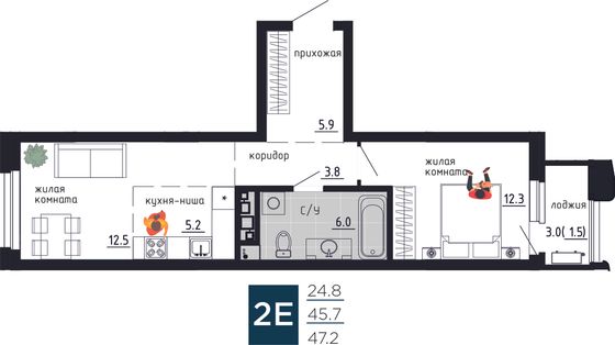 47,2 м², 2-комн. квартира, 6/9 этаж