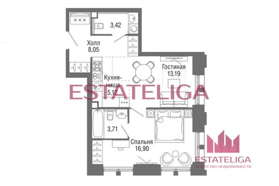 Продажа 1-комнатной квартиры 50,4 м², 20/36 этаж