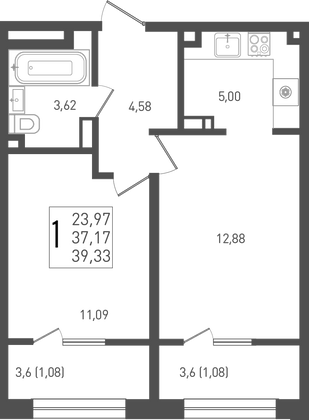 39,3 м², 1-комн. квартира, 2/9 этаж