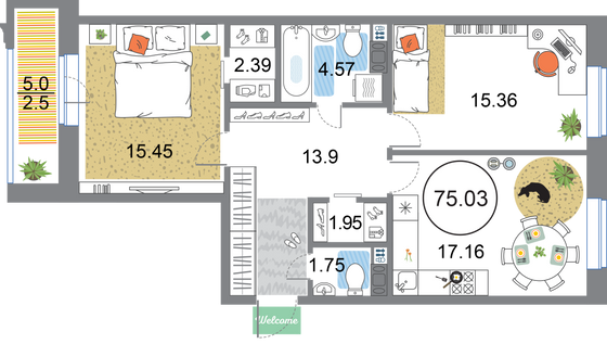 Продажа 2-комнатной квартиры 75 м², 7/12 этаж