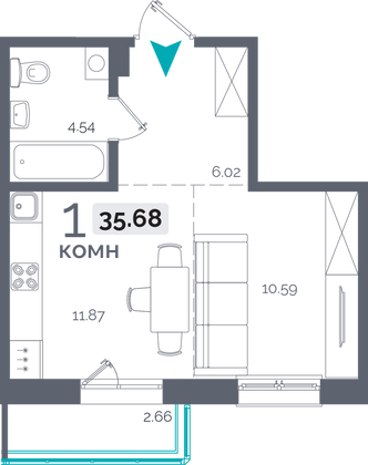 35,7 м², 1-комн. квартира, 8/15 этаж