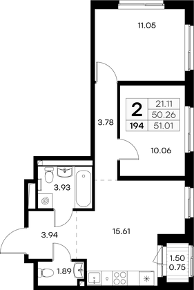 51 м², 2-комн. квартира, 5/9 этаж