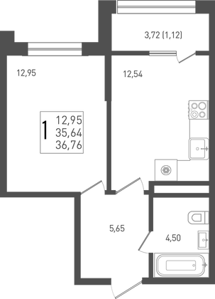 36,8 м², 1-комн. квартира, 9/9 этаж