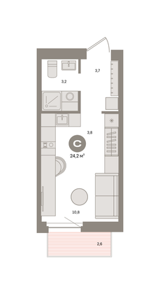 Продажа квартиры-студии 24,2 м², 6/9 этаж