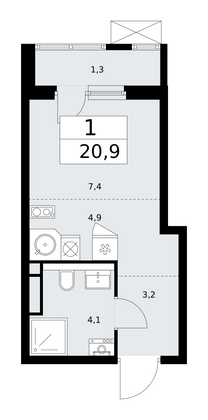 20,9 м², своб. планировка, 5/13 этаж