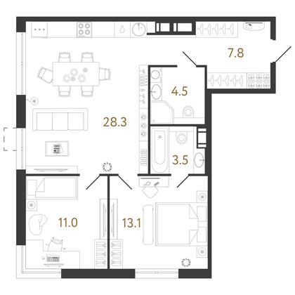 68,2 м², 2-комн. квартира, 10/23 этаж