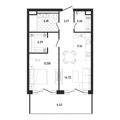 57,5 м², 2-комн. квартира, 7/33 этаж