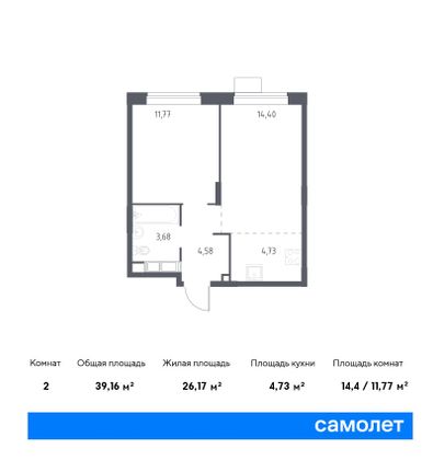 39,2 м², 2-комн. квартира, 11/22 этаж