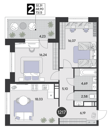 Продажа 2-комнатной квартиры 73,1 м², 15/21 этаж