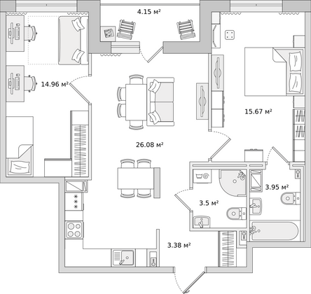 71,7 м², 2-комн. квартира, 2/16 этаж