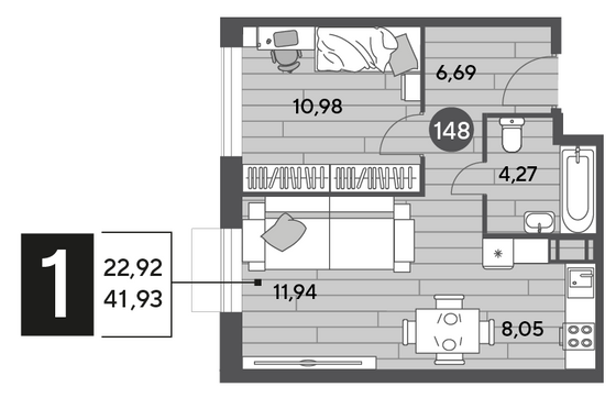 Продажа 1-комнатной квартиры 41,9 м², 6/15 этаж