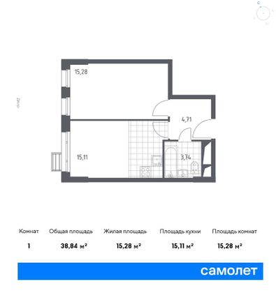 38,8 м², 1-комн. квартира, 23/31 этаж