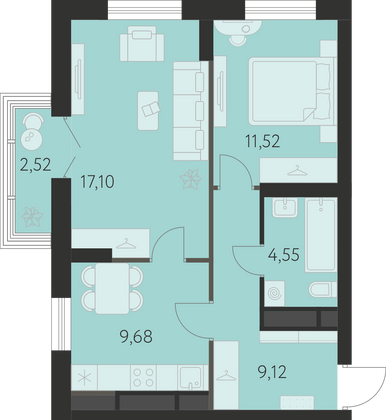52,7 м², 2-комн. квартира, 13 этаж