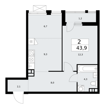 43,9 м², 2-комн. квартира, 6/18 этаж