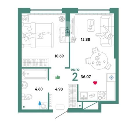 Продажа 2-комнатной квартиры 36,1 м², 2/33 этаж