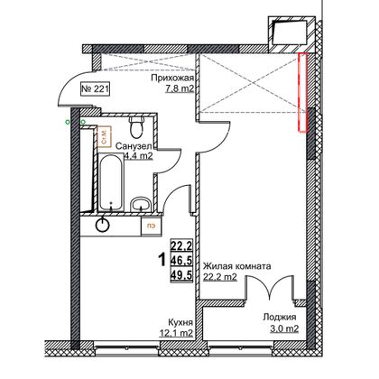 Продажа 1-комнатной квартиры 49,5 м², 11/24 этаж