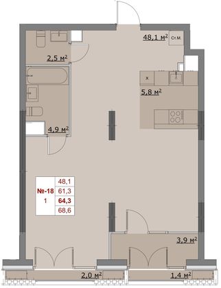 Продажа 1-комнатной квартиры 64,3 м², 6/6 этаж