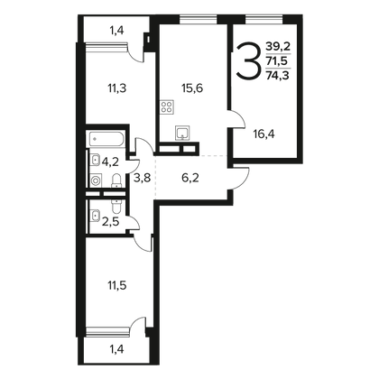 74,3 м², 3-комн. квартира, 6/11 этаж