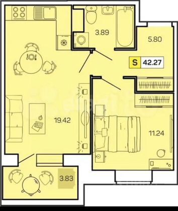 Продажа 1-комнатной квартиры 42,3 м², 5/9 этаж