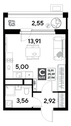Продажа квартиры-студии 27,9 м², 9/25 этаж