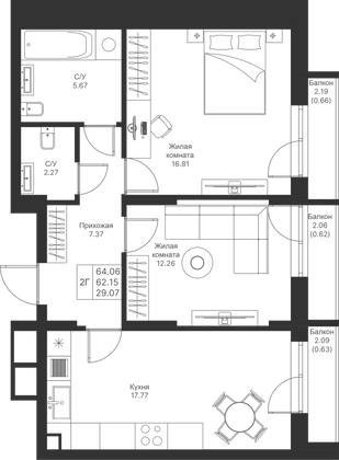 64,1 м², 2-комн. квартира, 3/25 этаж