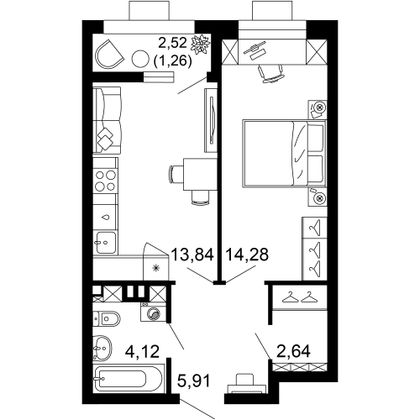 42 м², 1-комн. квартира, 1/10 этаж