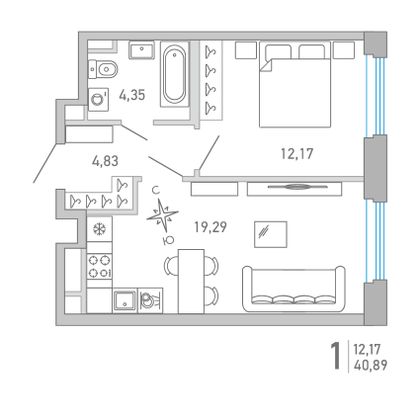40,9 м², 1-комн. квартира, 2/10 этаж