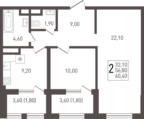 60,4 м², 2-комн. квартира, 3/8 этаж