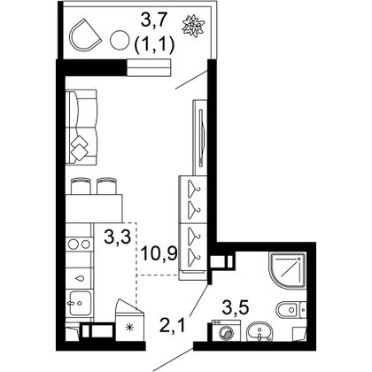 20,9 м², 1-комн. квартира, 9/12 этаж