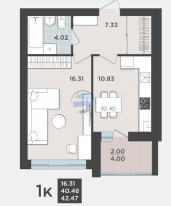 Продажа 1-комнатной квартиры 40,4 м², 2/9 этаж