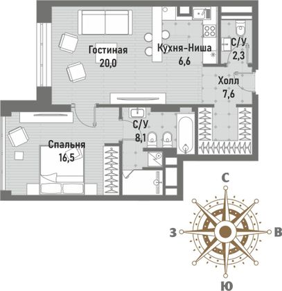 Продажа 2-комнатной квартиры 61,4 м², 16/20 этаж