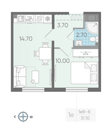 Продажа 1-комнатной квартиры 31,1 м², 10/16 этаж