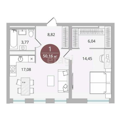 Продажа 1-комнатной квартиры 50,2 м², 11/20 этаж