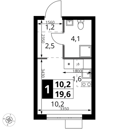 19,6 м², студия, 18/18 этаж