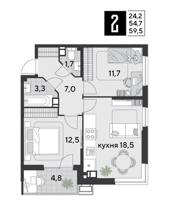 Продажа 2-комнатной квартиры 59,5 м², 4/9 этаж