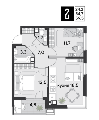 Продажа 2-комнатной квартиры 59,5 м², 6/9 этаж