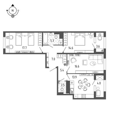 86,8 м², 3-комн. квартира, 6/18 этаж