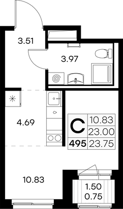 23,8 м², студия, 7/9 этаж