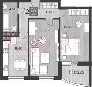 Продажа 2-комнатной квартиры 60,2 м², 17/17 этаж